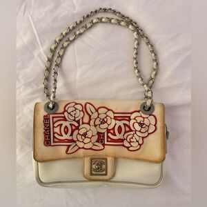 Chanel Canvas Sport Camellia Flap bag, white nylon and red floral design
